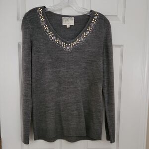 Gray Sweater with Gold/Pearl Embellishments